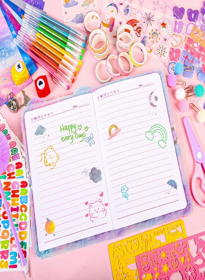 LiYiQ Plush Cat Diary Gift for Girls Kids Travel Journal Secret Diary with Scrapbook Paper Stickers Journal Stencils Pompom Pen and Washi Tape Practical Set Gift for Birthday Christma - Image 3